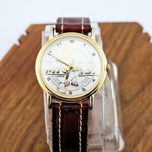 Vintage Disney Mickey Mouse 60 Year Wrist Watch Gold Tone Brown Leather Band